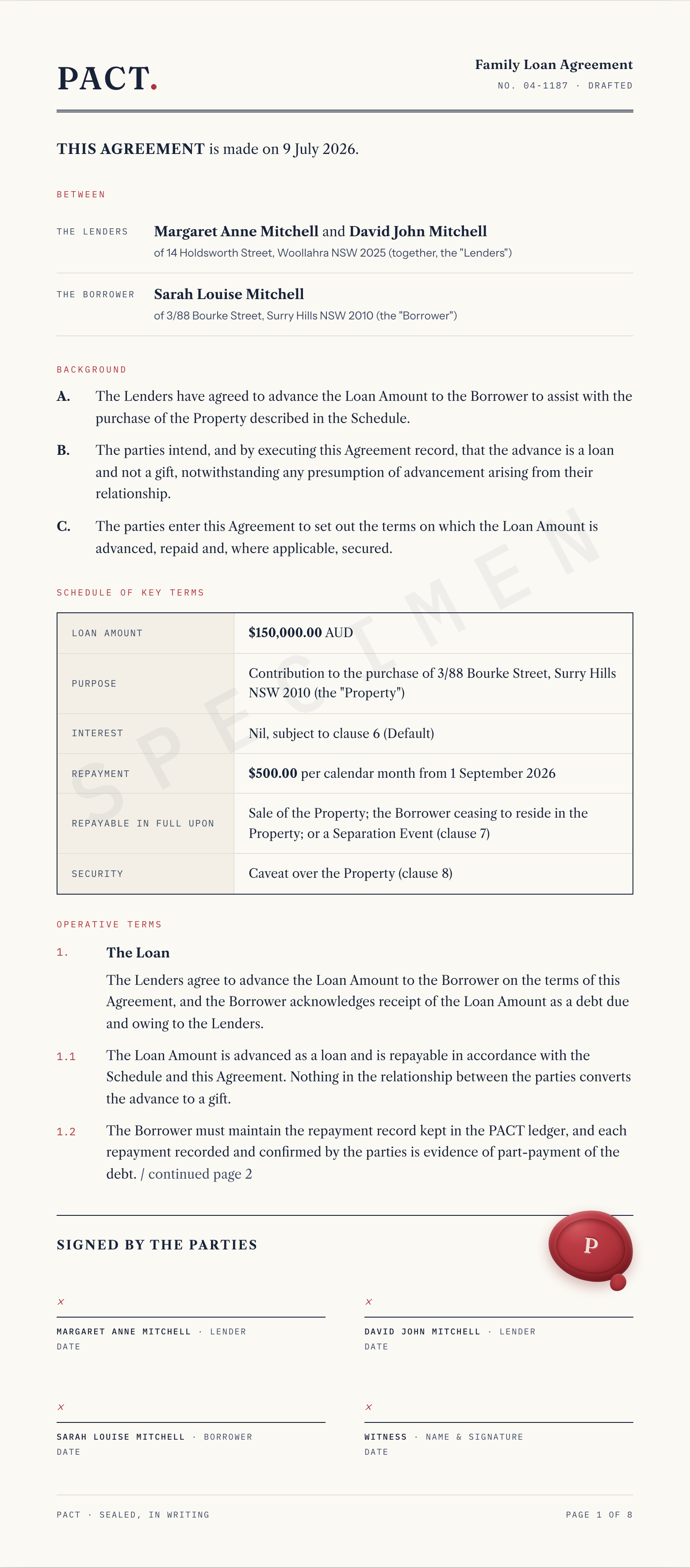 A PACT Family Loan Agreement — masthead, parties and schedule of key terms